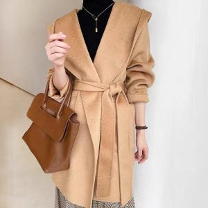 Rialto Camel Hair Belted Short Hooded Coat  | Womens Coats