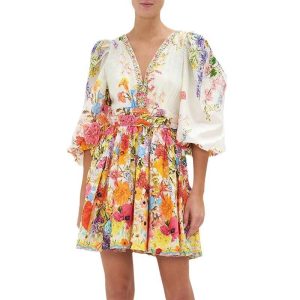 Sew Yesterday V-Neck Dress With Blouson Sleeves  | Womens Swimwear & Coverups