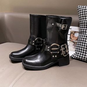 Tall Leather Harness Biker Boots  | Womens Boots